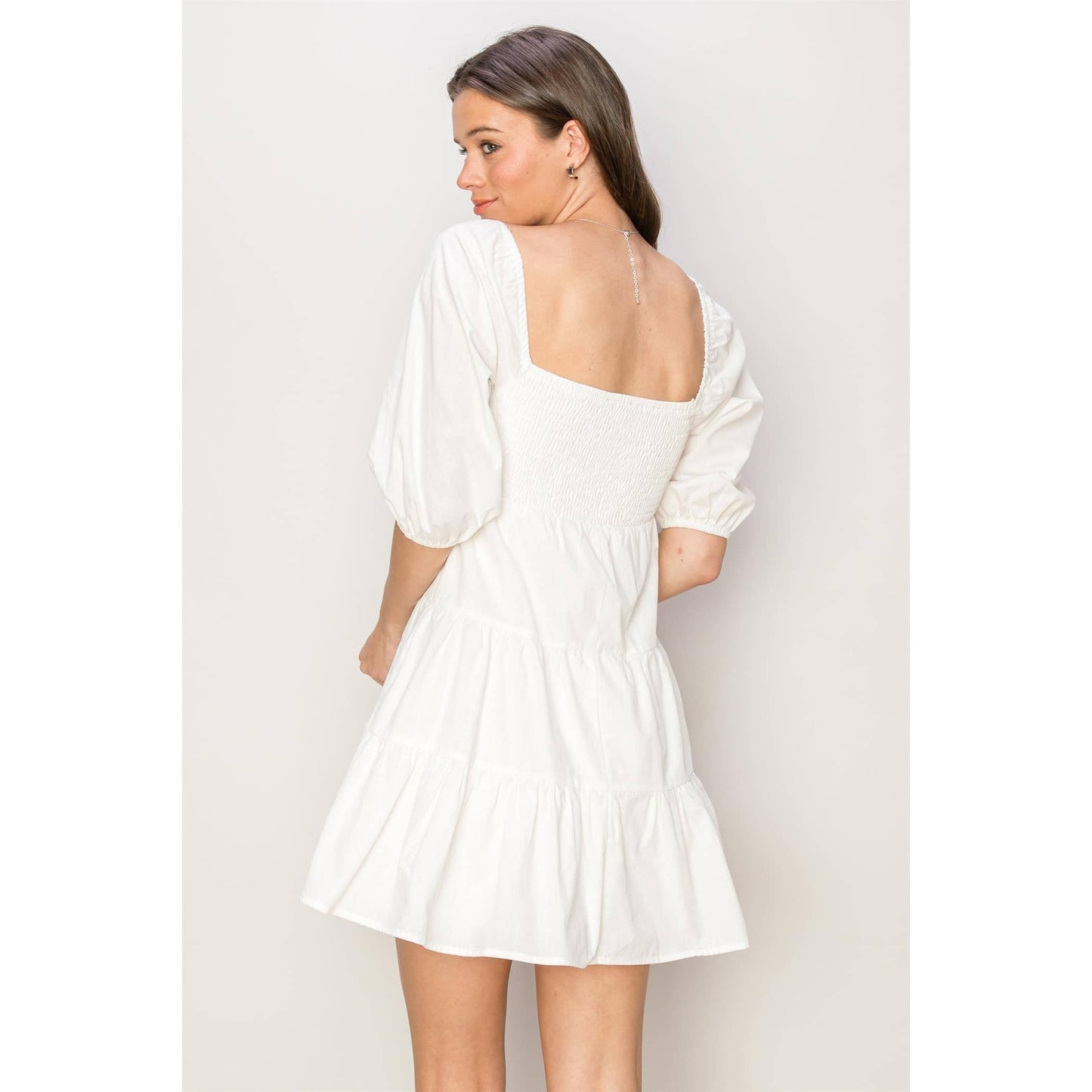 POPLIN SMOCKED MINI DRESS: OFF WHITE