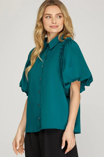 TEAL GREEN BUBBLE SLEEVES BUTTON DOWN WOVEN TOP