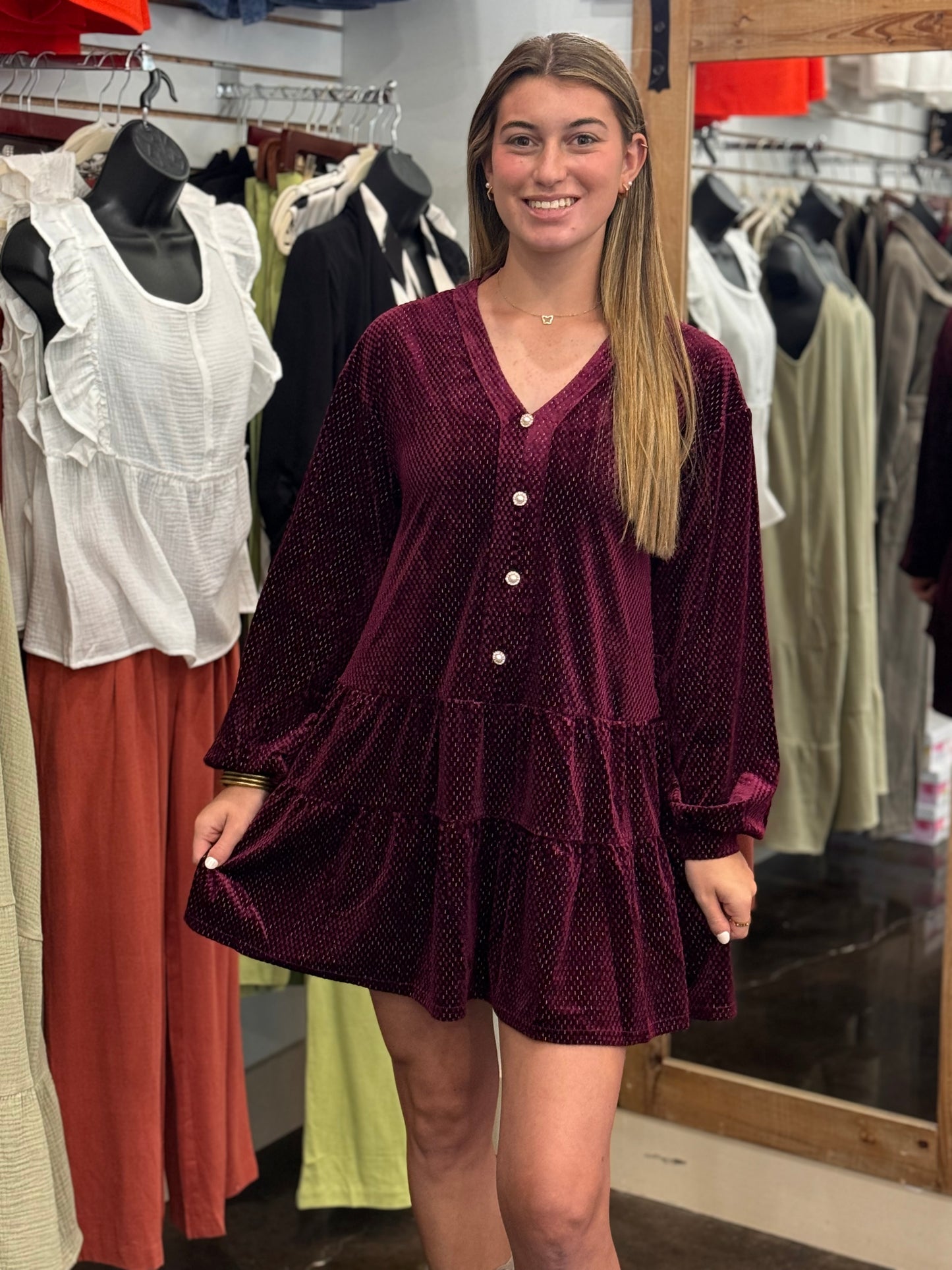 Tiered Woven Velvet Mini Dress