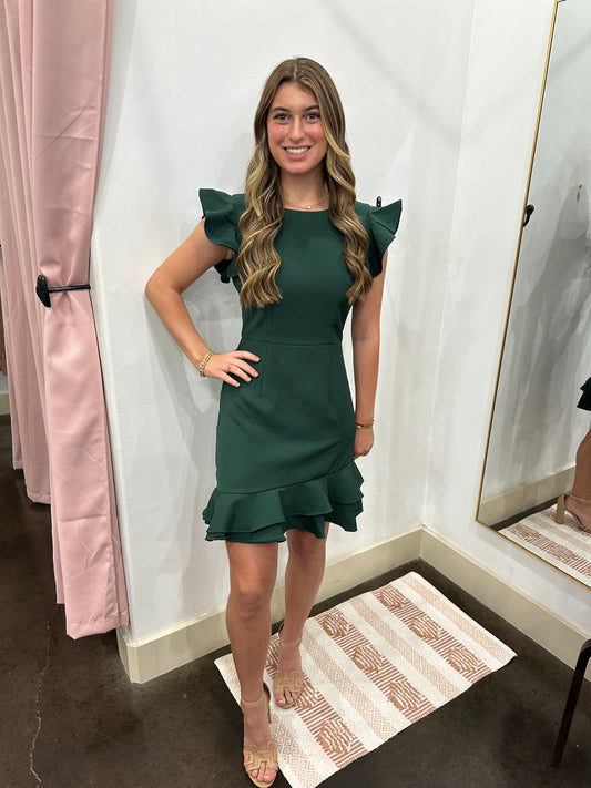 Hunter Green V-Back Ruffled Dress