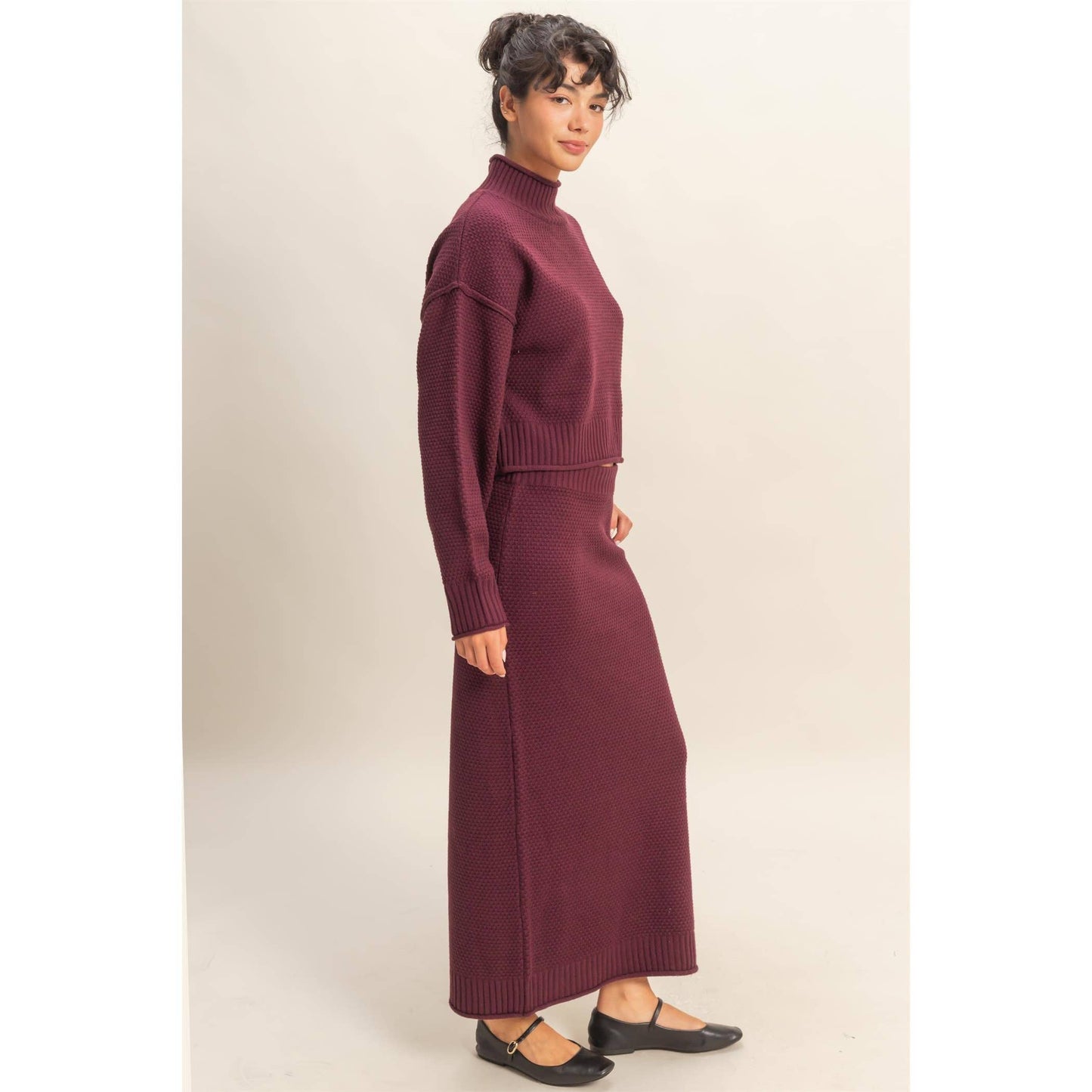 Textured High Neck Sweater & Skirt Set