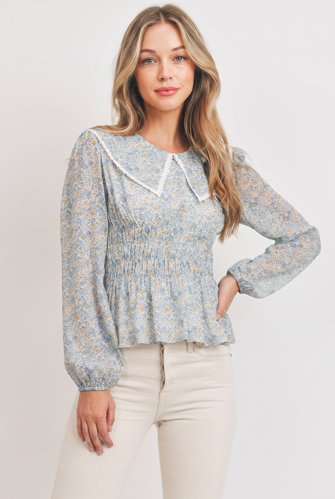 Floral Print Blouse with Lace Collar