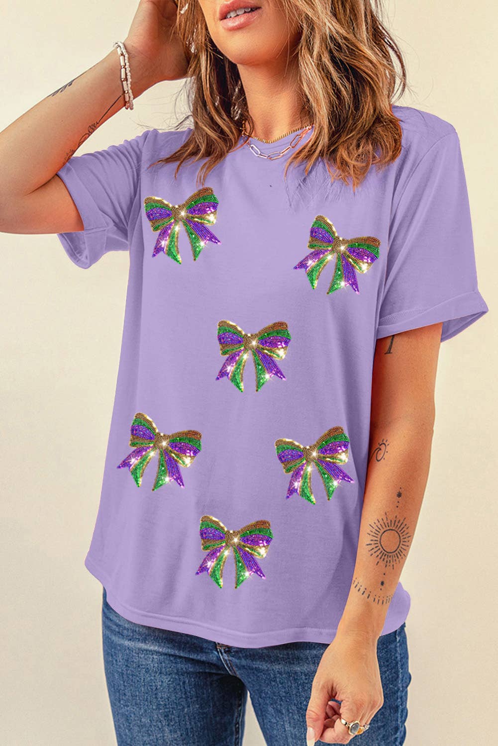 Sequined Bow Mardi Gras Graphic T Shirt