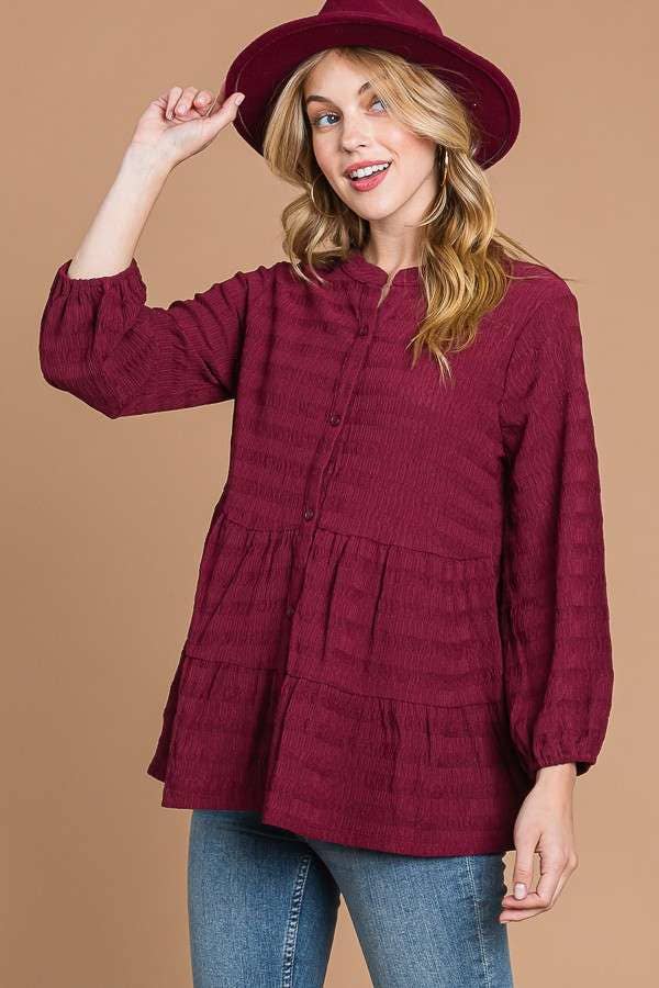 BUTTON DOWN TIERED 3/4 SLV BLOUSE