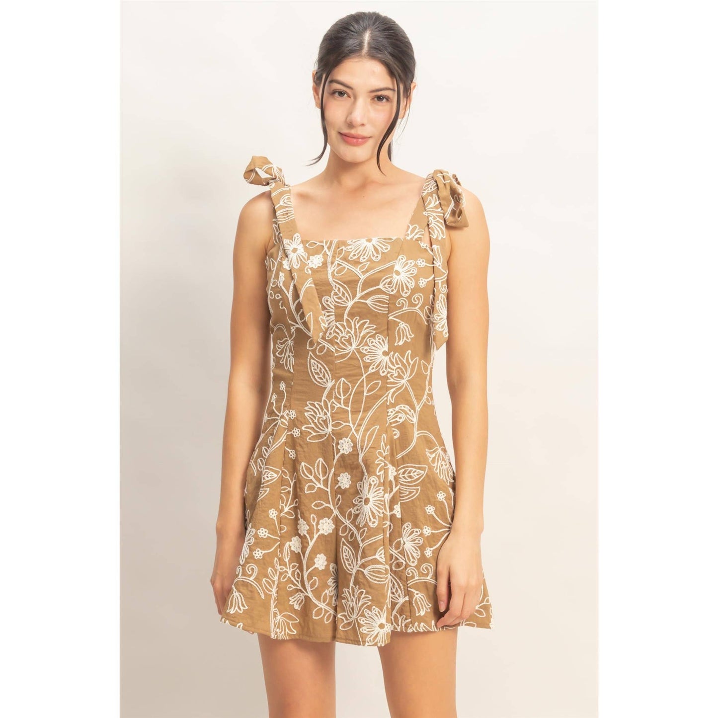Light Brown Floral Embroidery Tie-Strap Romper