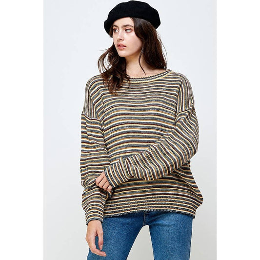 MULTI COLOR STRIPES PULLOVER SWEATER ~ Olive Mix