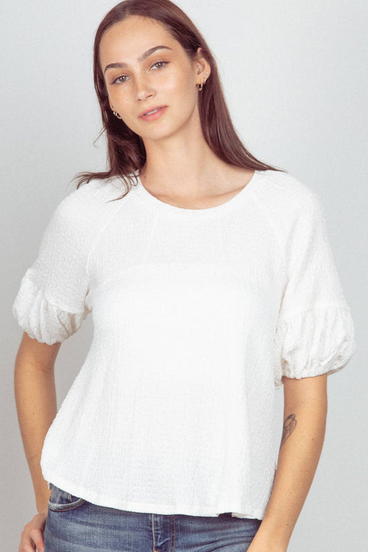Half Puff Sleeve Crinkle Knit Top