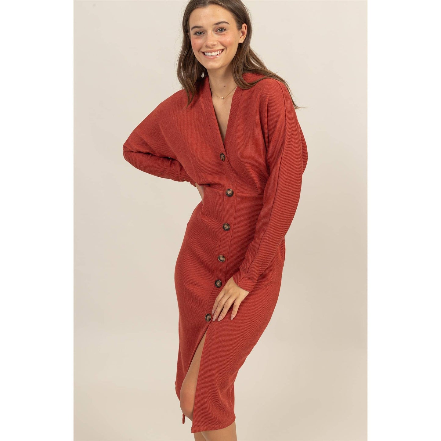 Faux Button-Down Knit Midi Dress ~ Rust