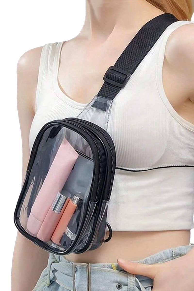 Clear Durable PVC Double Zip Shoulder Sling Bag: Black