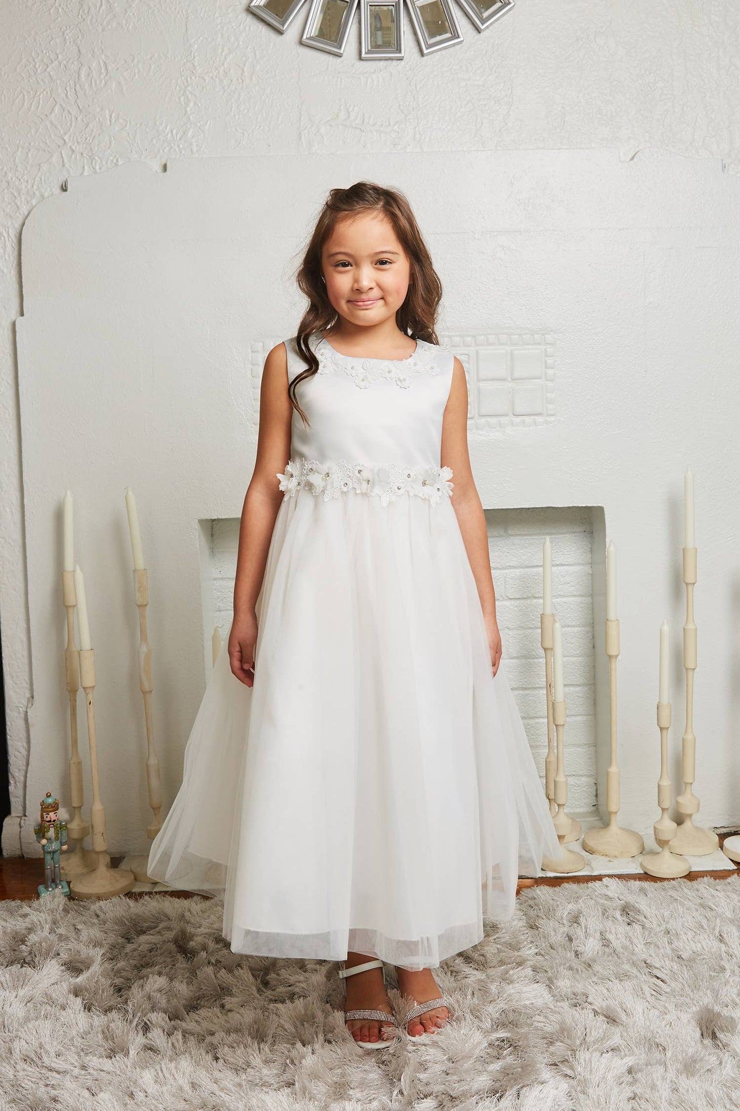 Luxurious Princess Ballgown Girls Dress with Floral Trim