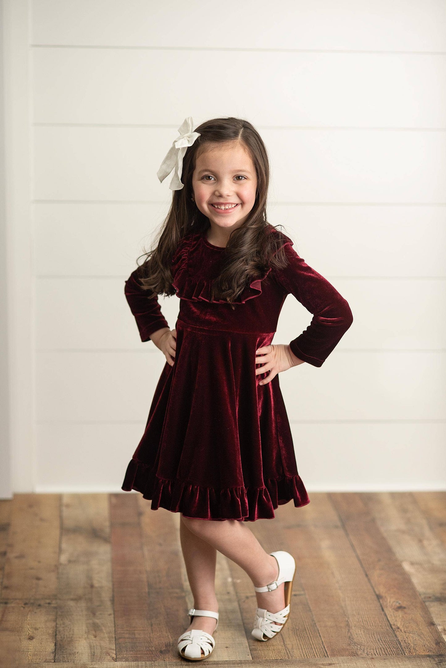 Kids Wine Velvet Ruffle Fancy Dress