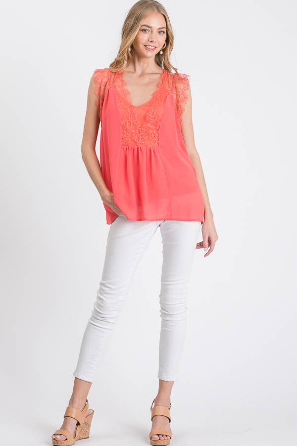 Casual Sleeveless Lace-Trim Blouse
