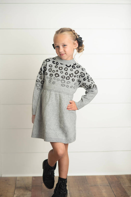 Kids Gray & Black Leopard Print Long Sleeve Sweater Dress