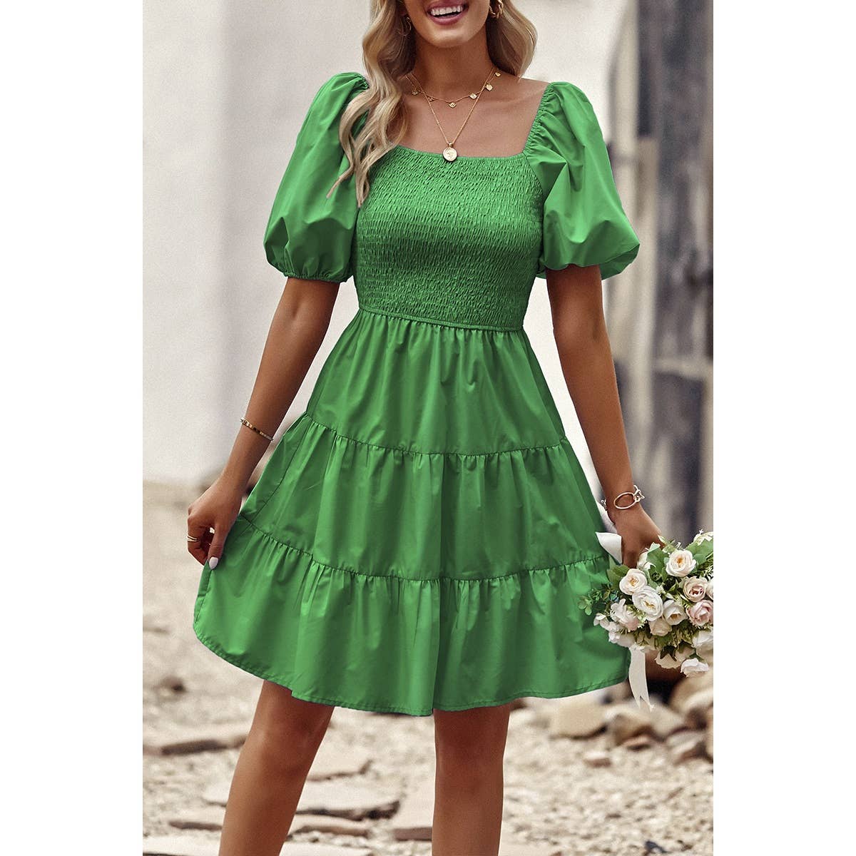 Square Neck Ruched Balloon Sleeve Smocked Midi Dress