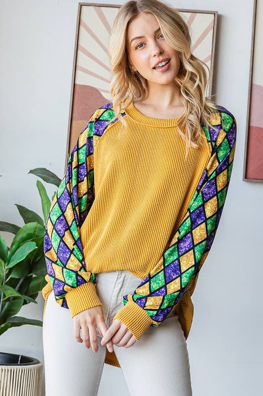 MARDI GRAS LONG SLEEVE URBAN RIBBED TOP ~ Faux Glitter Sleeve