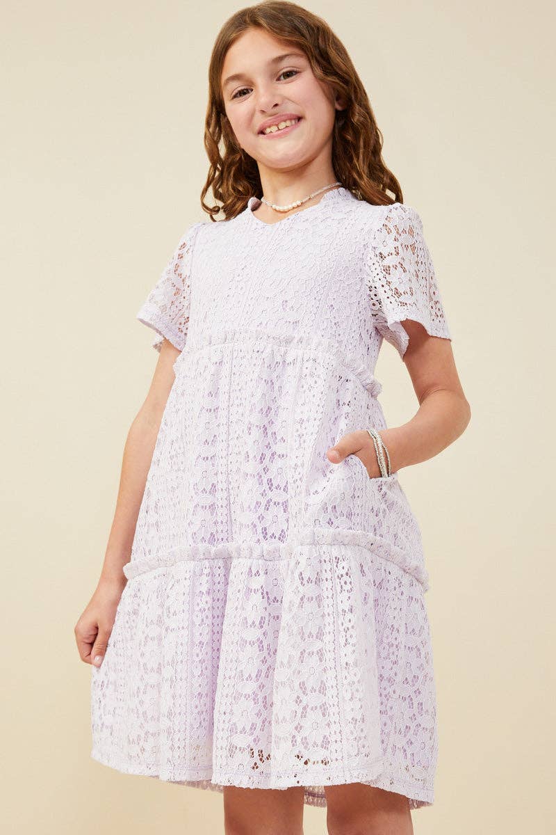 Girls Ruffle V Neck Tiered Floral Lace Dress