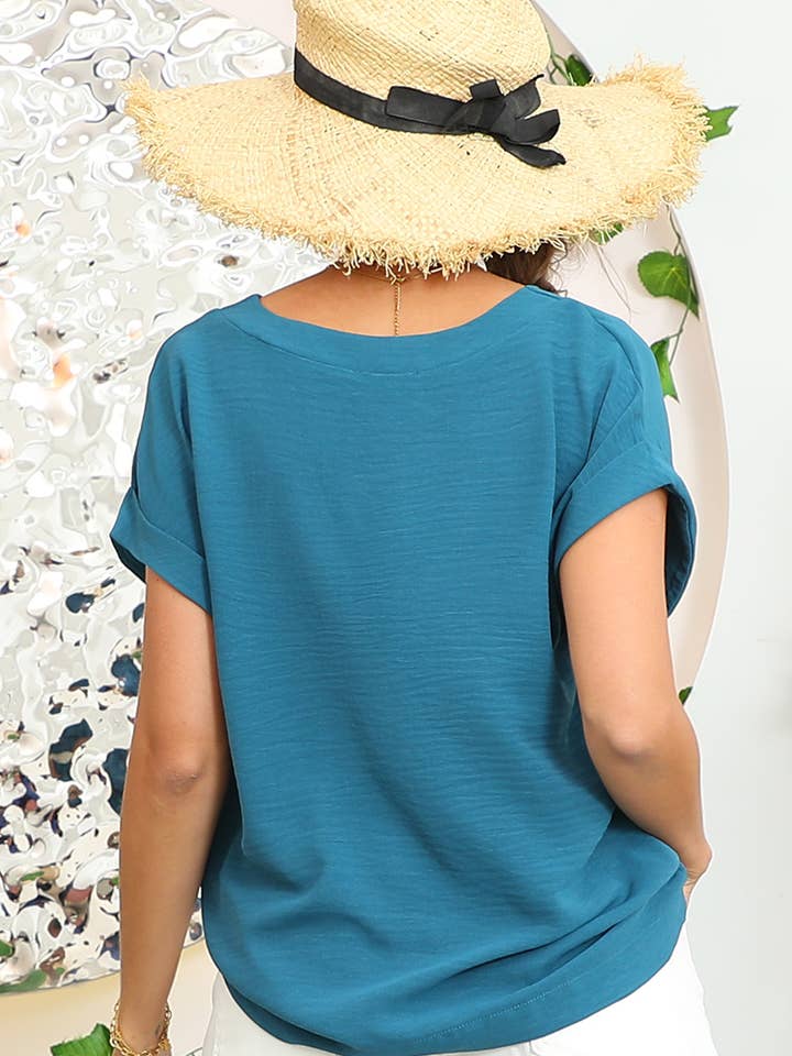 V-NECK TRIM ROLLED SHORT SLEEVE TOP