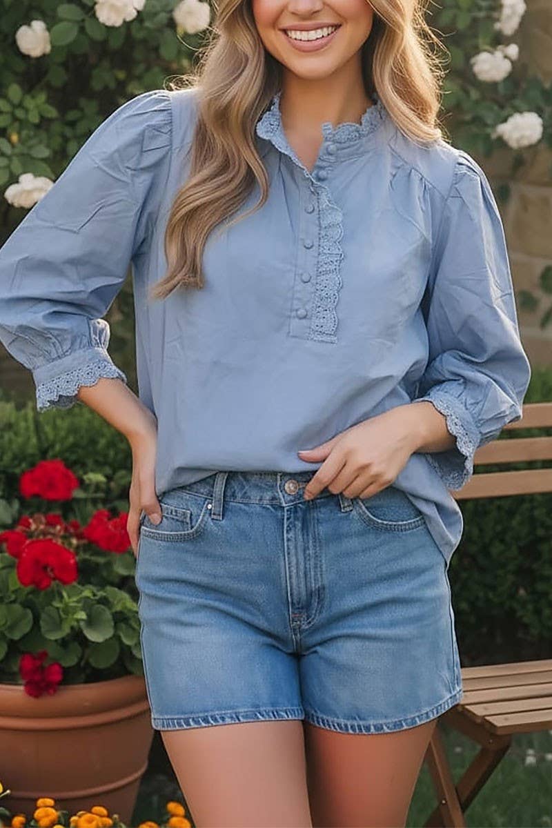 Eyelet Trim Puff Sleeve Blouse (Multiple Colors)