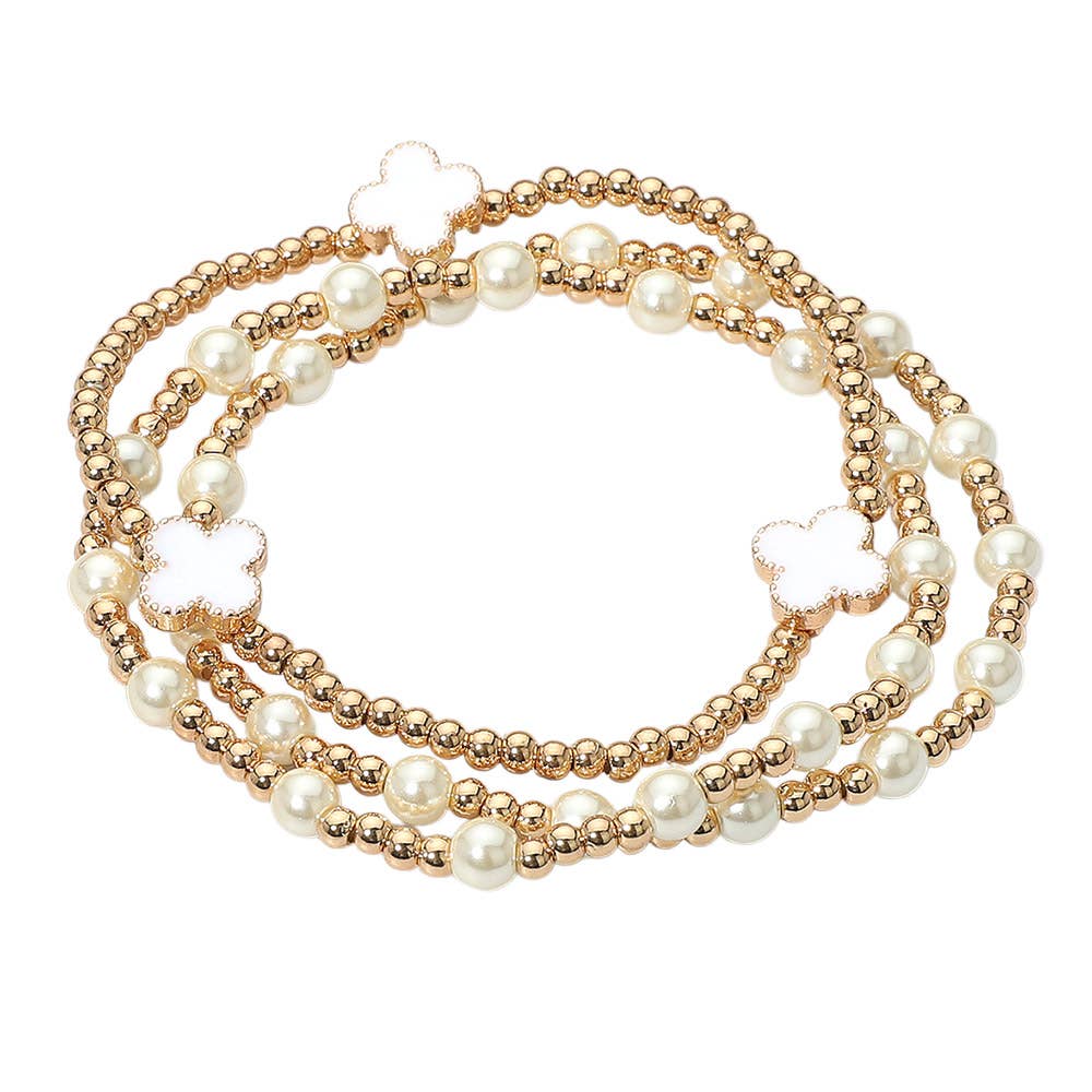 3PCS - Quatrefoil Pearl Beaded Stretch Multi Layered Bracelets