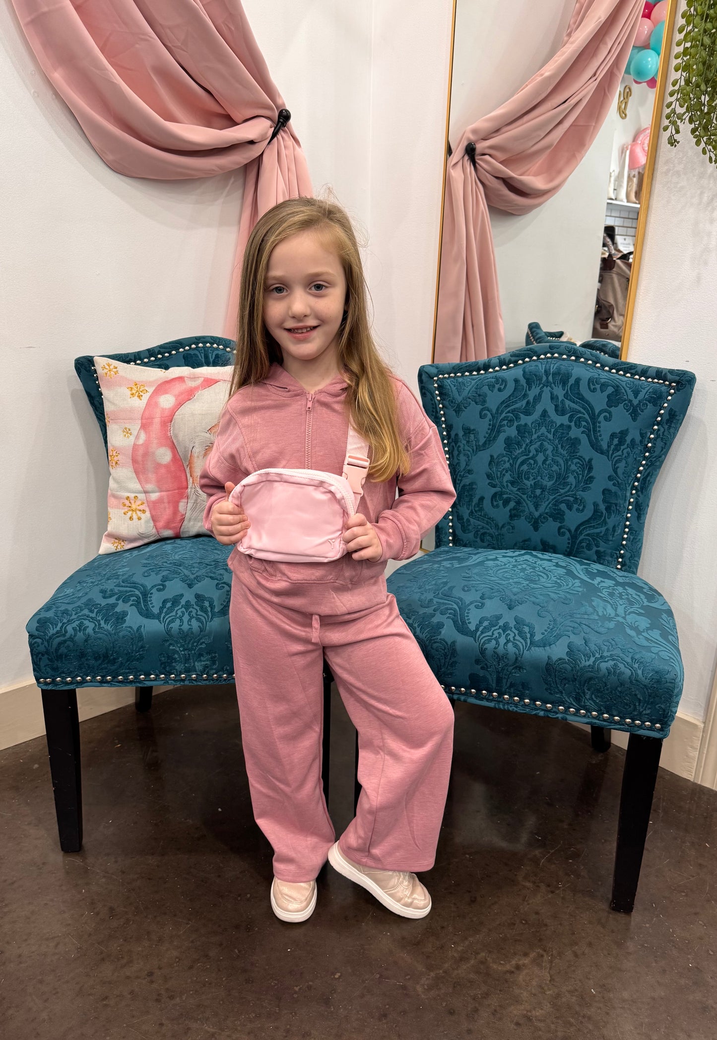 Little Girls Half Zip Hoodie, Wide Leg Pant, Fanny Bag Set ~ Blossom