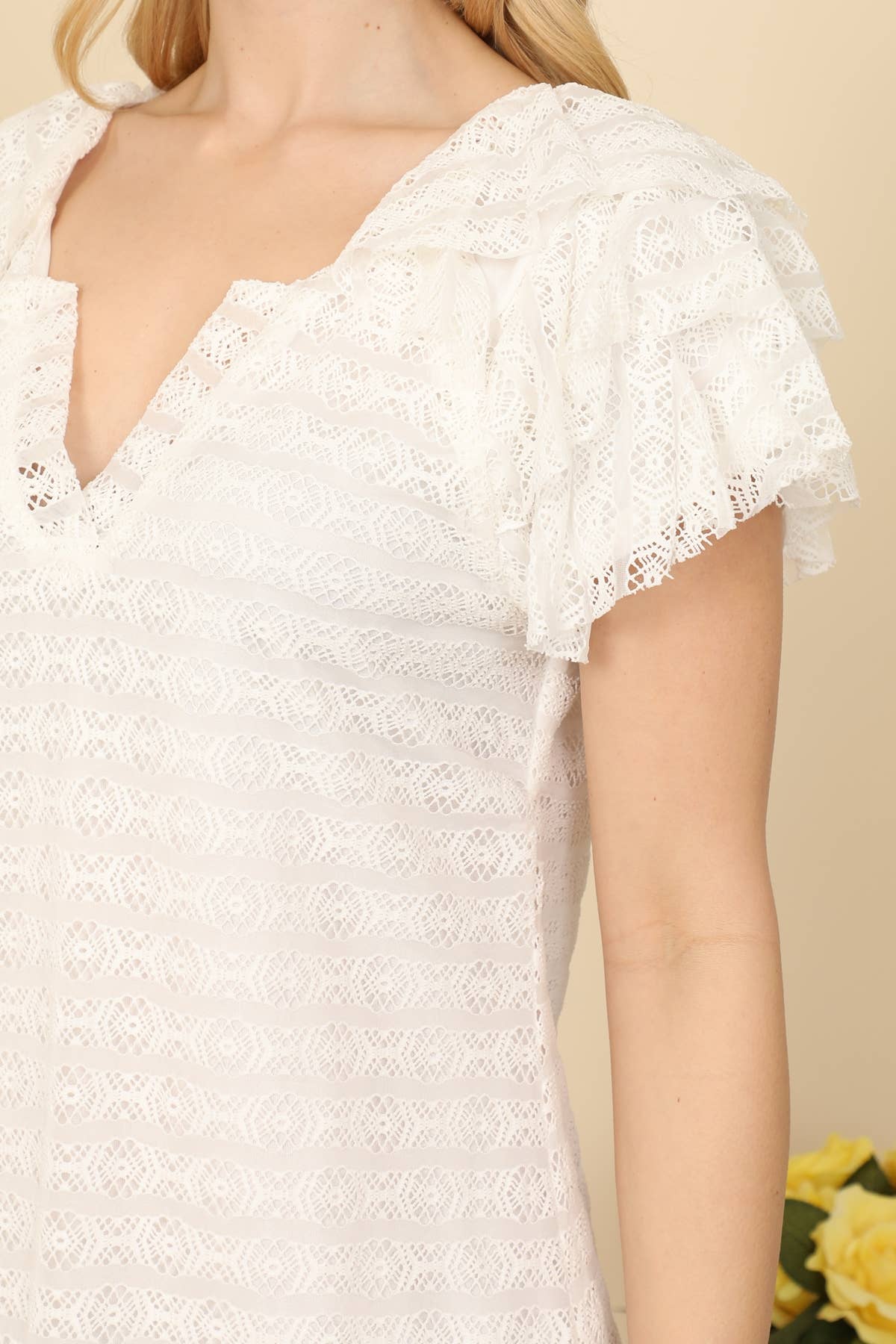 NOTCH NECKLINE RUFFLE SLEEVE LACE DRESS