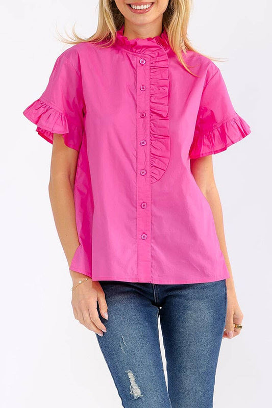 SHORT SLEEVE V-NECK RUFFLE BLOUSE