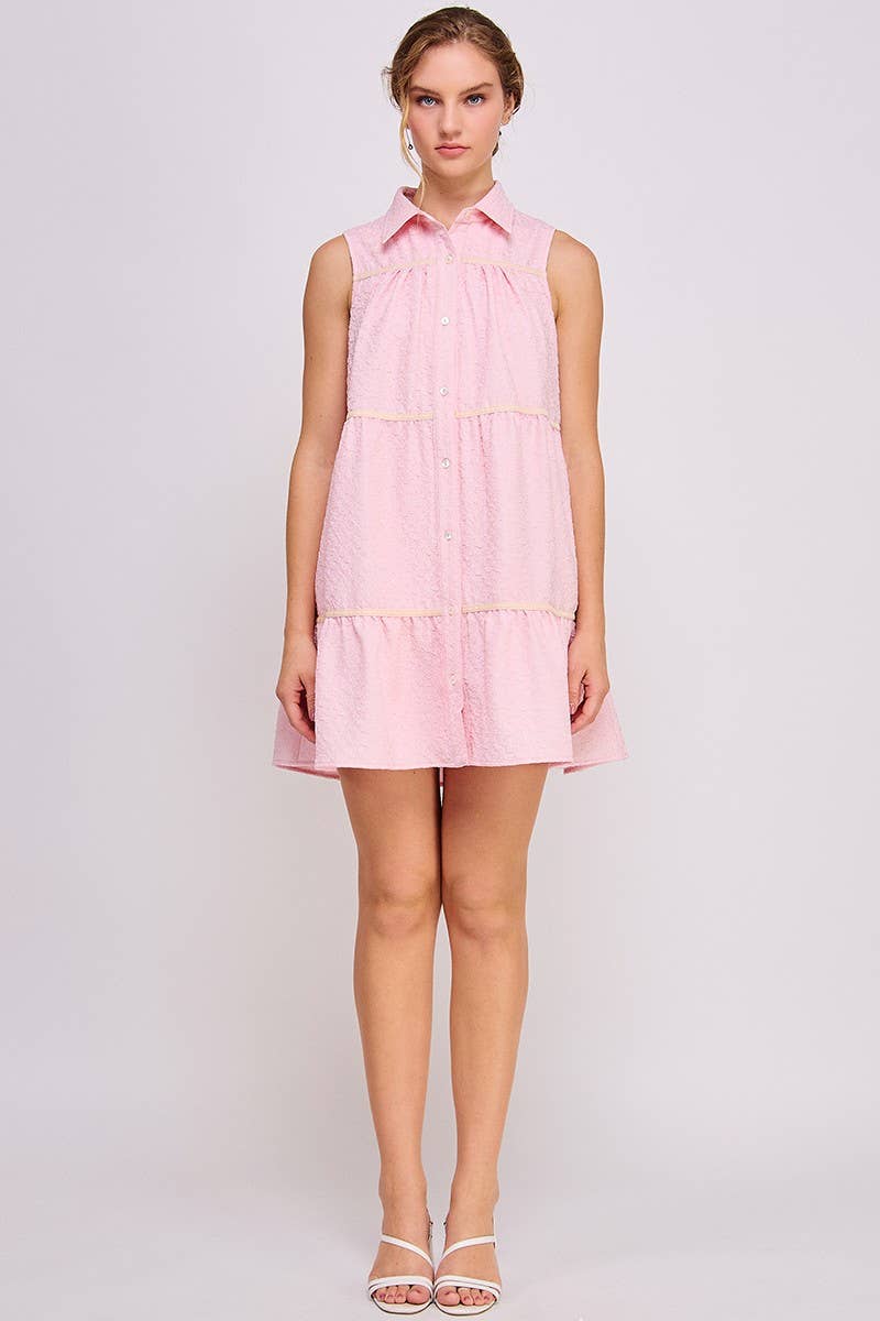 Pink Button-Up Swing Mini Dress - Sleeveless