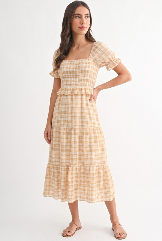 Yellow Checked Midi Dress with Puff Sleeves