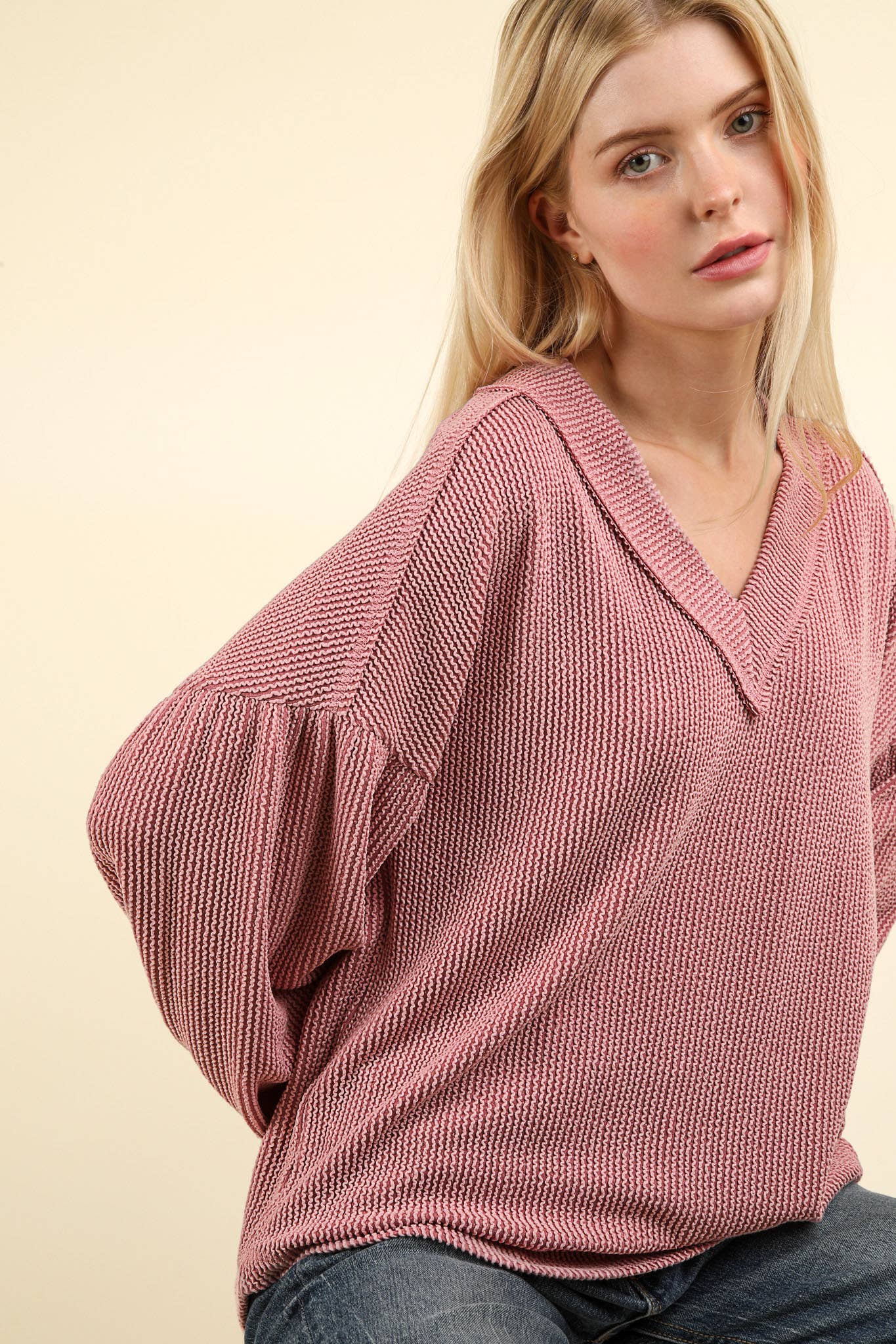 Ribbed V-Neck Oversized Knit Top