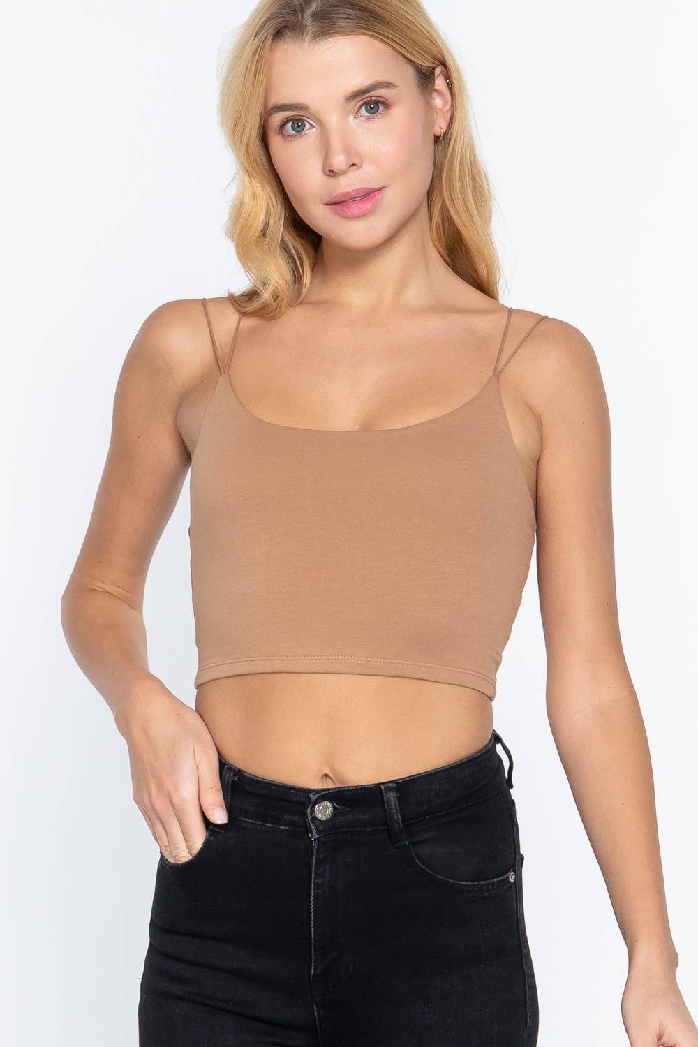 Elastic Strap Two Ply Knit Cami Crop Top