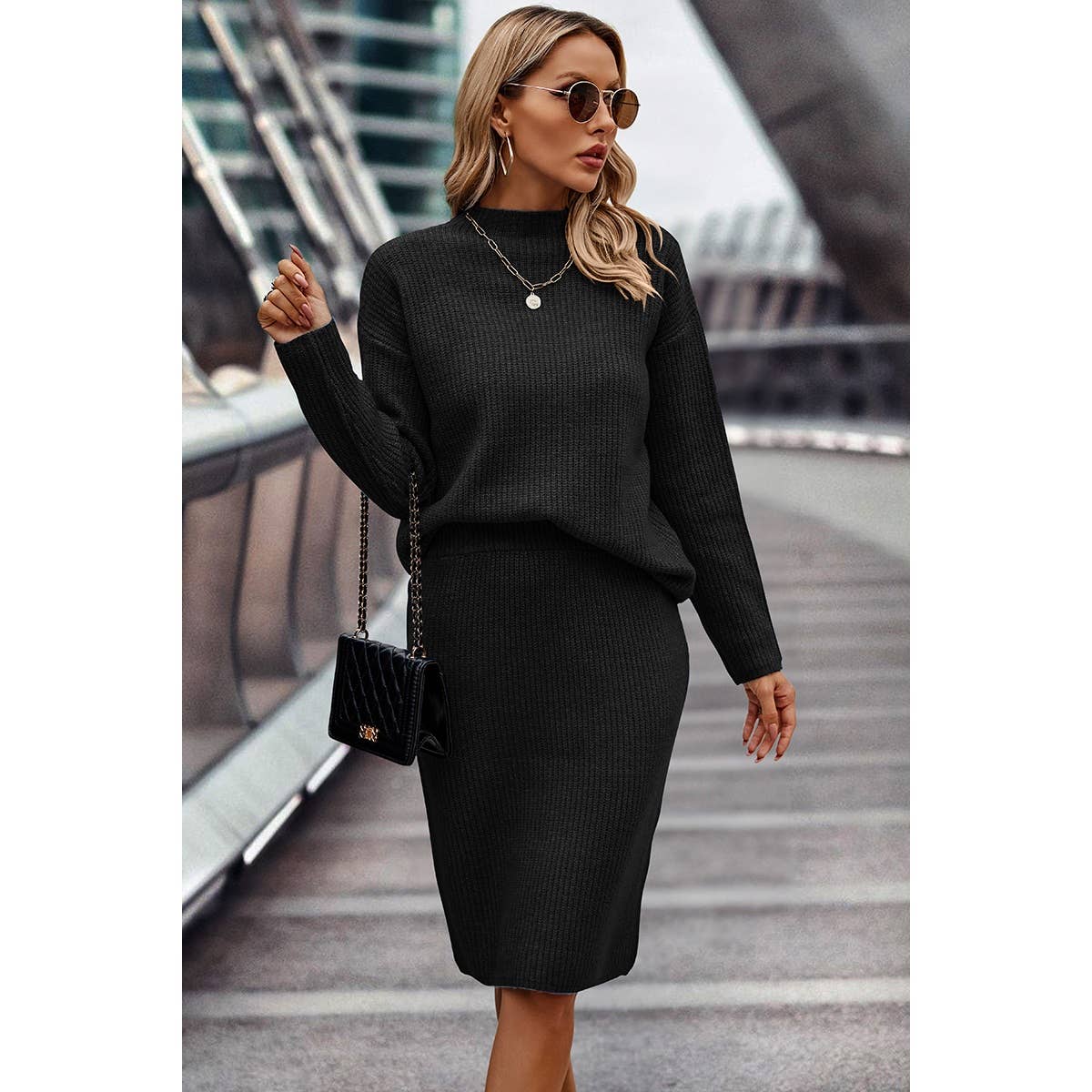 Two Pieces Solid Thick Knit Loose Wrap Dress Set