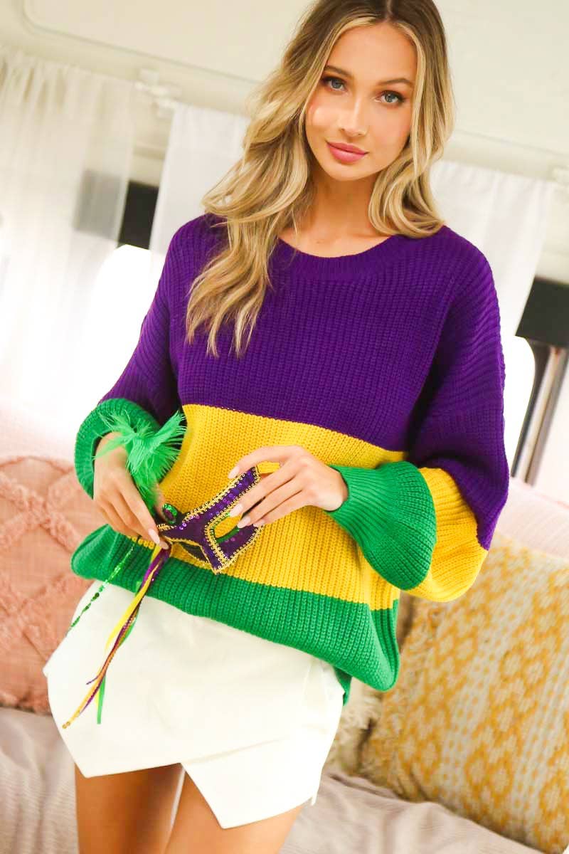 Color block Mardi Gras Round Neck Knitted Sweater