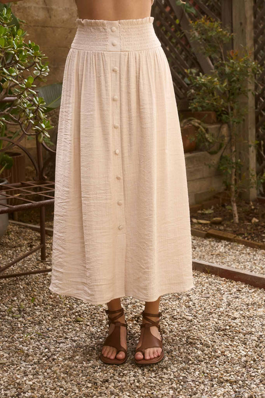 SMOCKED WAIST RUFFLE DETAIL BUTTON DOWN MIDI SKIRT