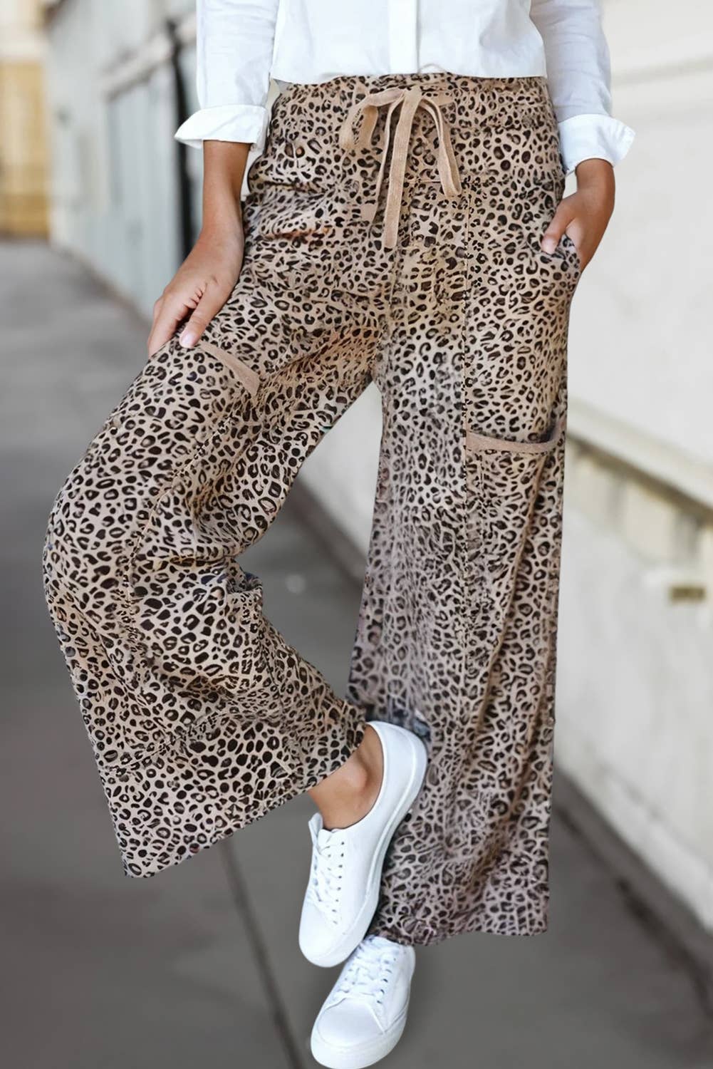 Leopard Print Wide Leg Terry Knit Pants ~ Khaki Tone