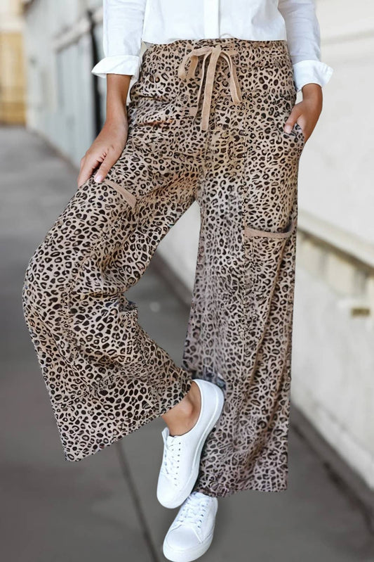 Leopard Print Wide Leg Terry Knit Pants ~ Khaki Tone