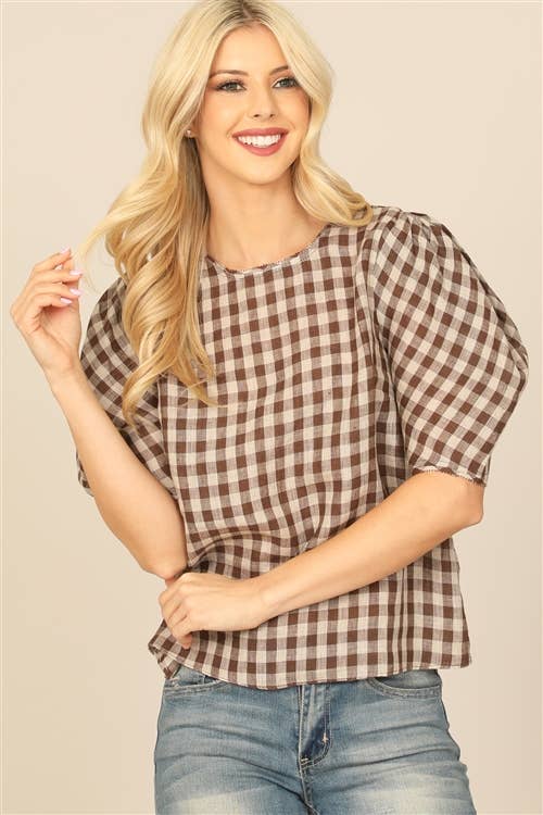Plaid Half Puff Sleeve Top