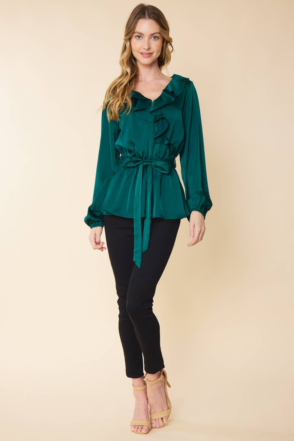 RUFFLED SATIN TOP WITH SELF TIE BELT