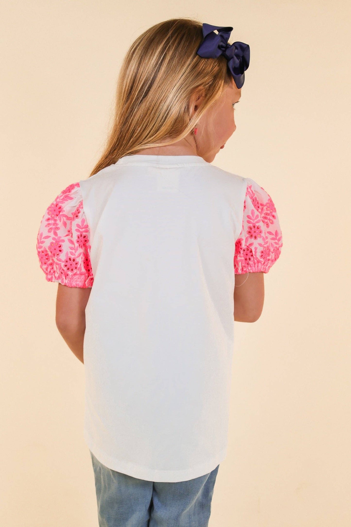 Girls White Top With Pink Eyelet Sleeves