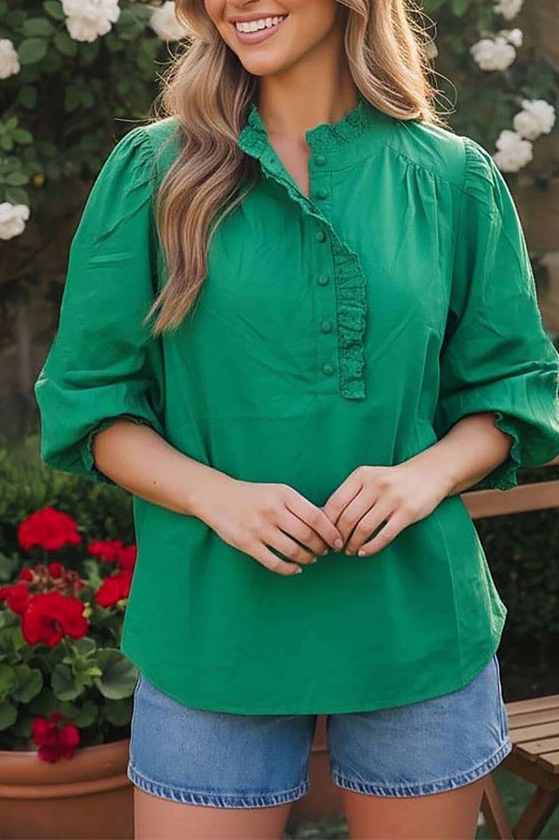 Eyelet Trim Puff Sleeve Blouse (Multiple Colors)