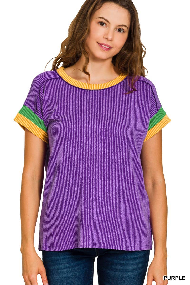 Mardi Gras Raised Rib Contrast Trim Top