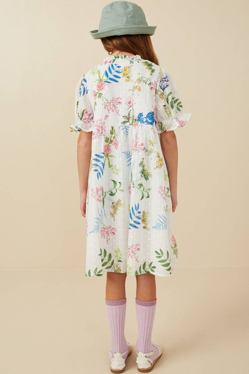 Girls Embroidered Textured Botanical Buttoned Dress