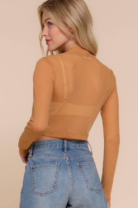 Peach Long Sleeve Mock Neck Mesh Top