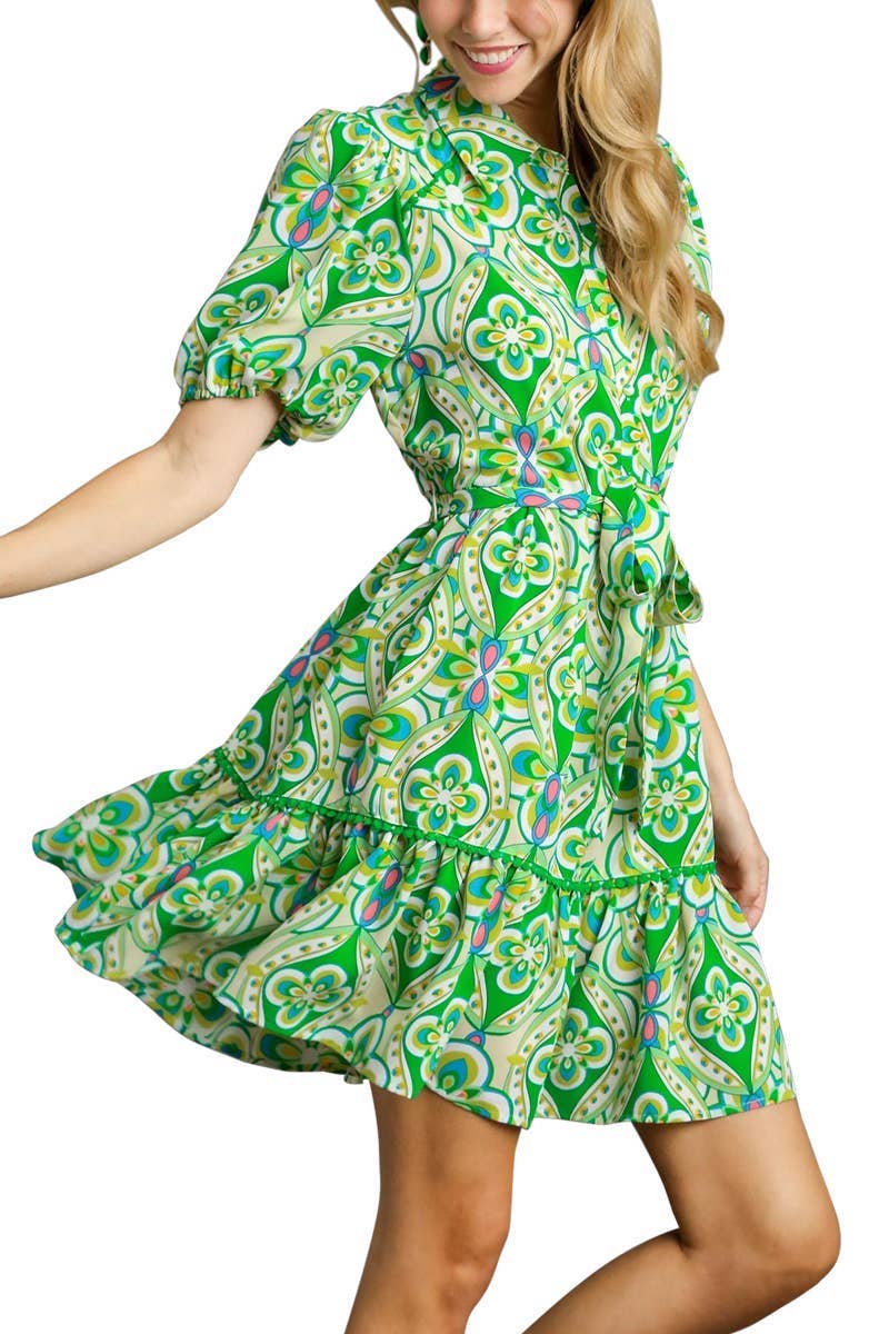 Green Print Collared Button Down Dress