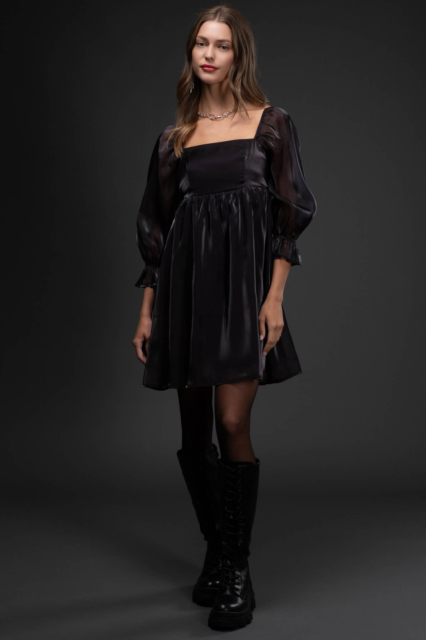 SHIMMER 3/4 SLEEVE BABYDOLL MINI DRESS