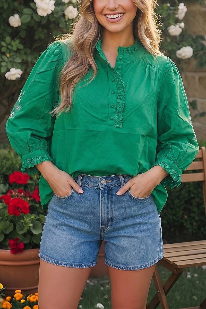 Eyelet Trim Puff Sleeve Blouse (Multiple Colors)