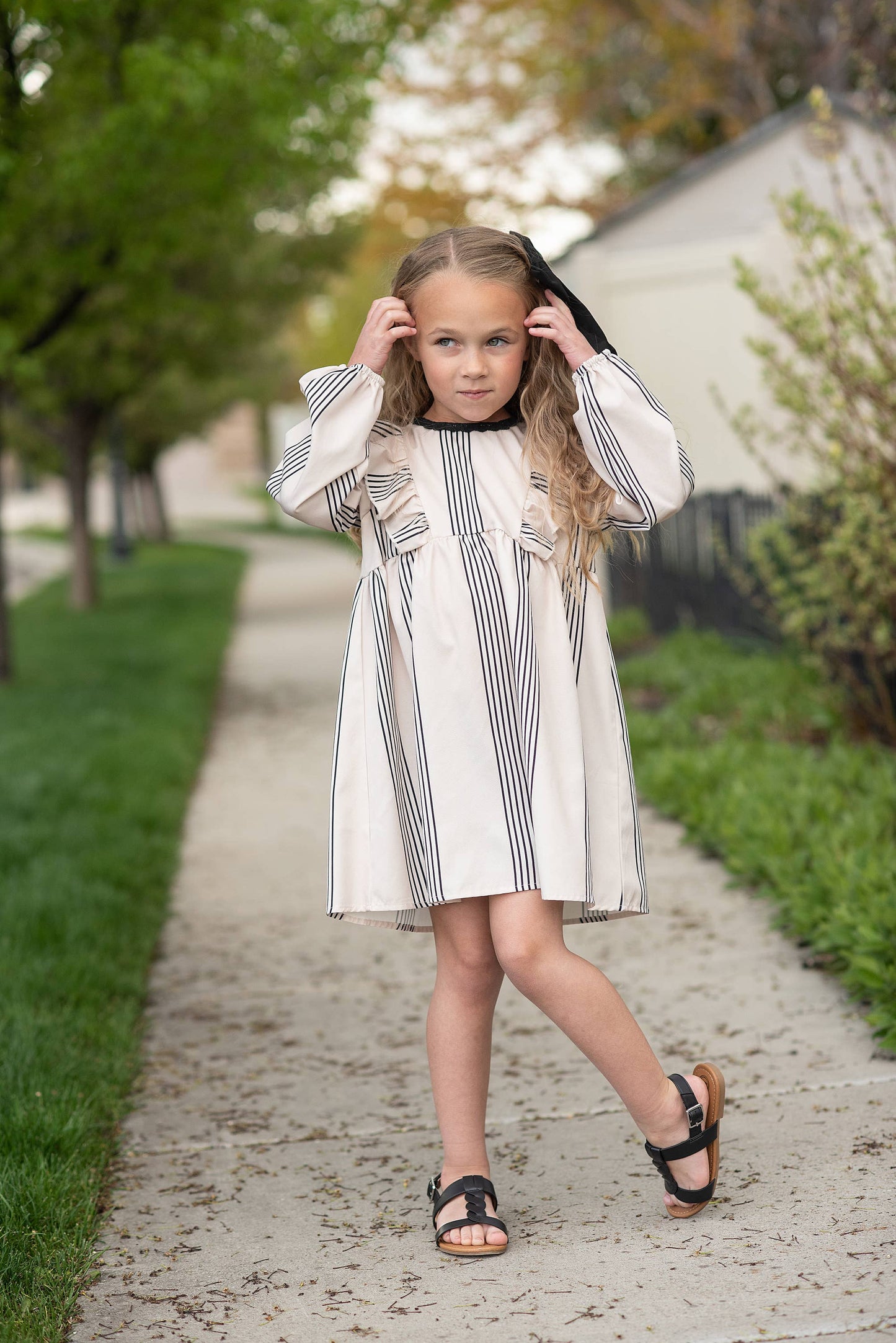 Kids Stripe Long Puff Sleeve Dress