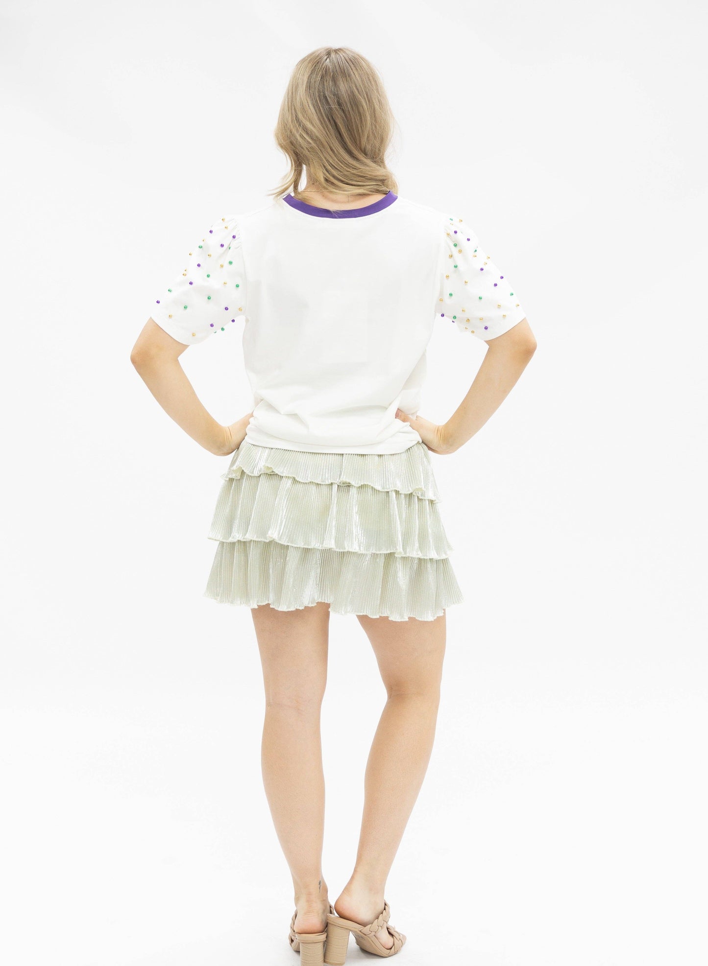 Sequin "Mardi Gras" on White Princess Top