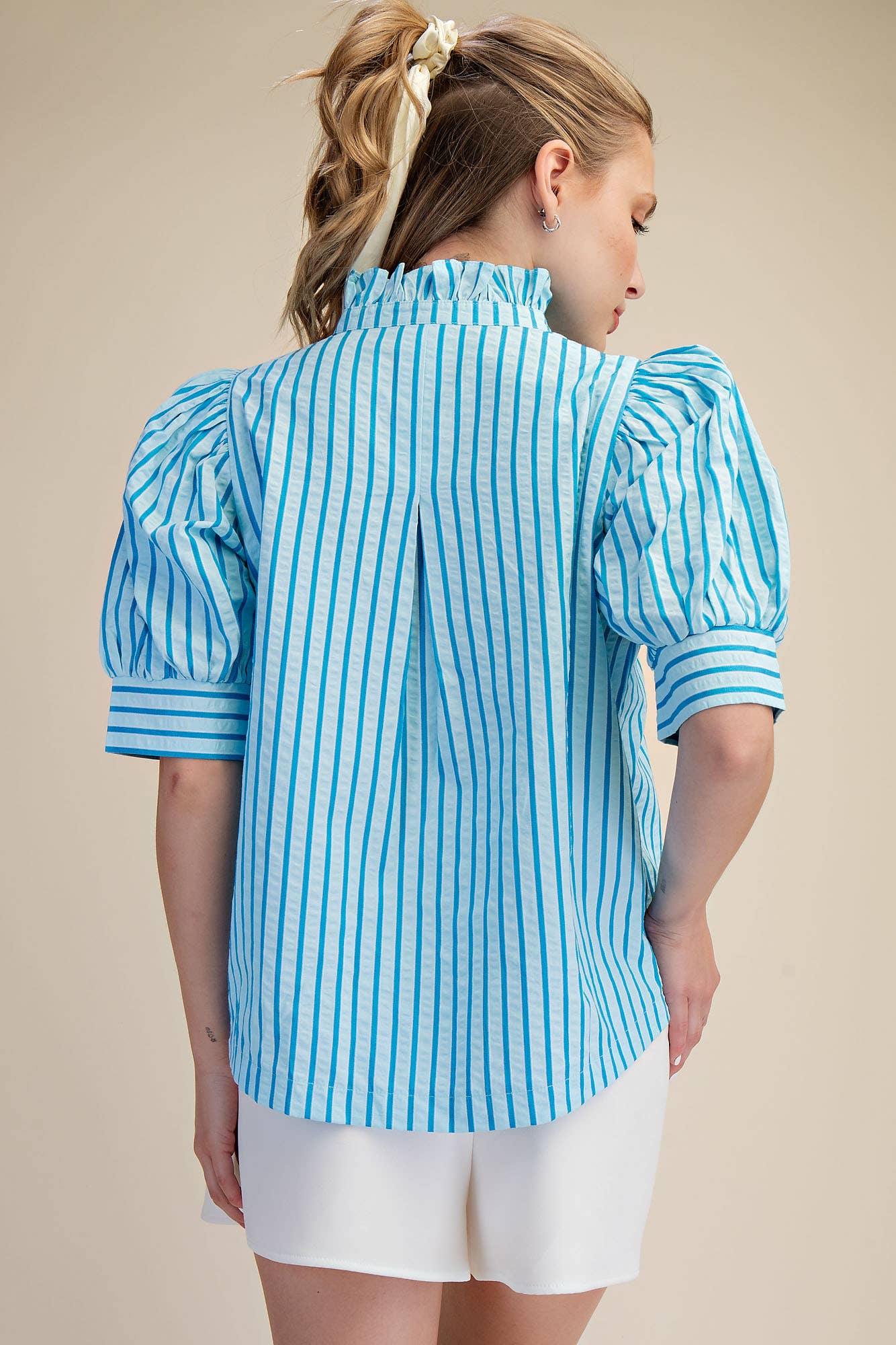 Ruffle V-neck Puff Sleeve Button Down Shirt