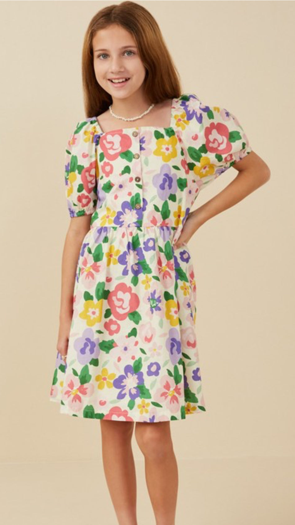 Girls Floral Buttoned Neck Dress