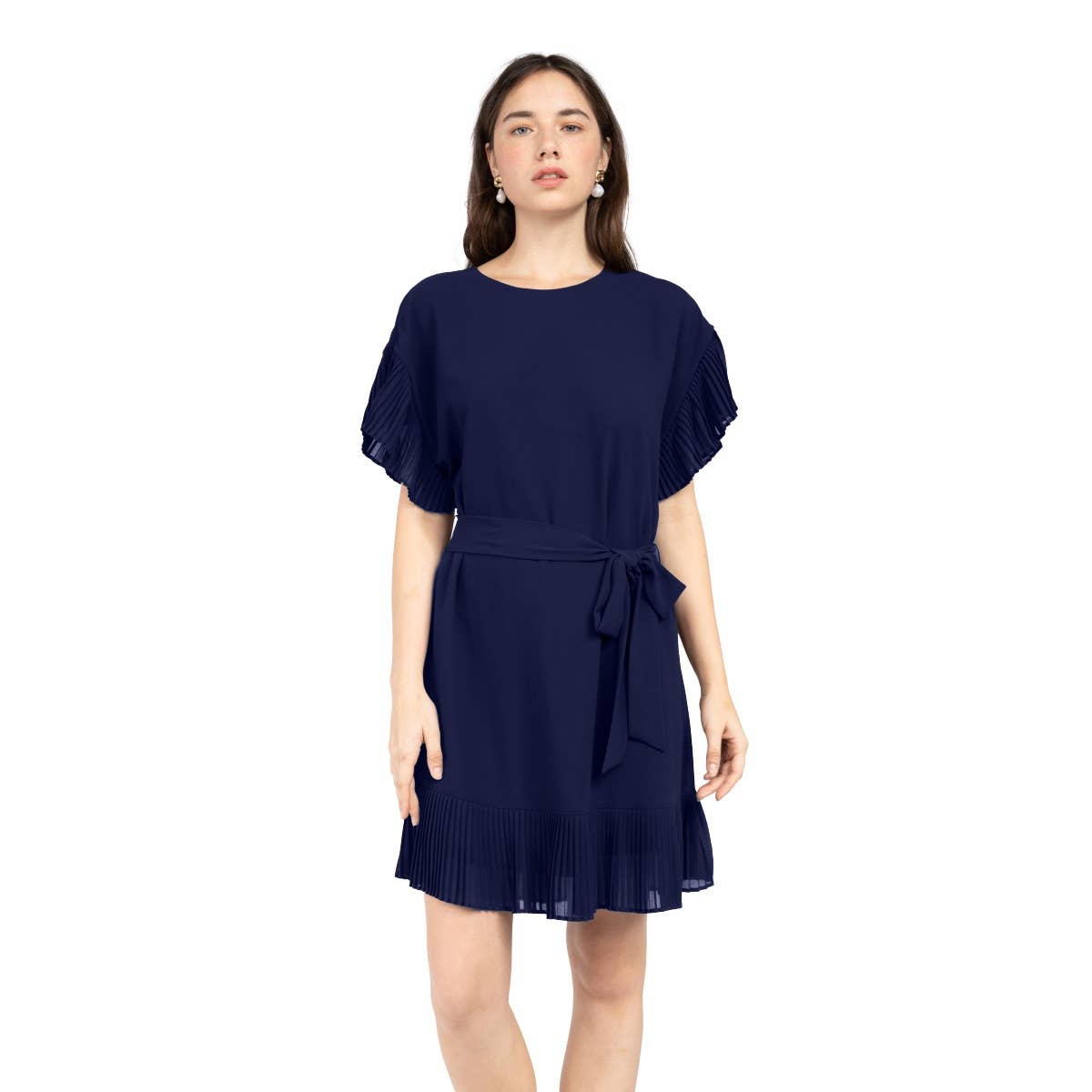 Pleated Ruffle Sleeve Drop Shoulder Dress